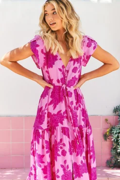 Melissa Maxi Dress - Pull Tie Waist Dress with Split in Valentine Print><noscript><img width=