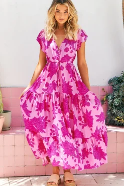 Melissa Maxi Dress - Pull Tie Waist Dress with Split in Valentine Print><noscript><img width=
