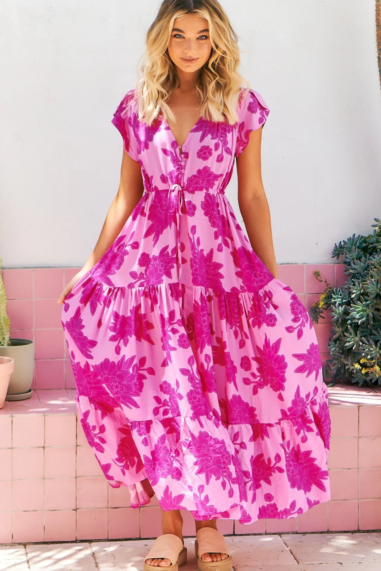 Melissa Maxi Dress - Pull Tie Waist Dress with Split in Valentine Print>Jaase Sale
