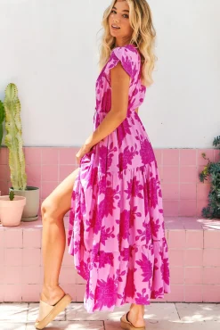 Melissa Maxi Dress - Pull Tie Waist Dress with Split in Valentine Print><noscript><img width=