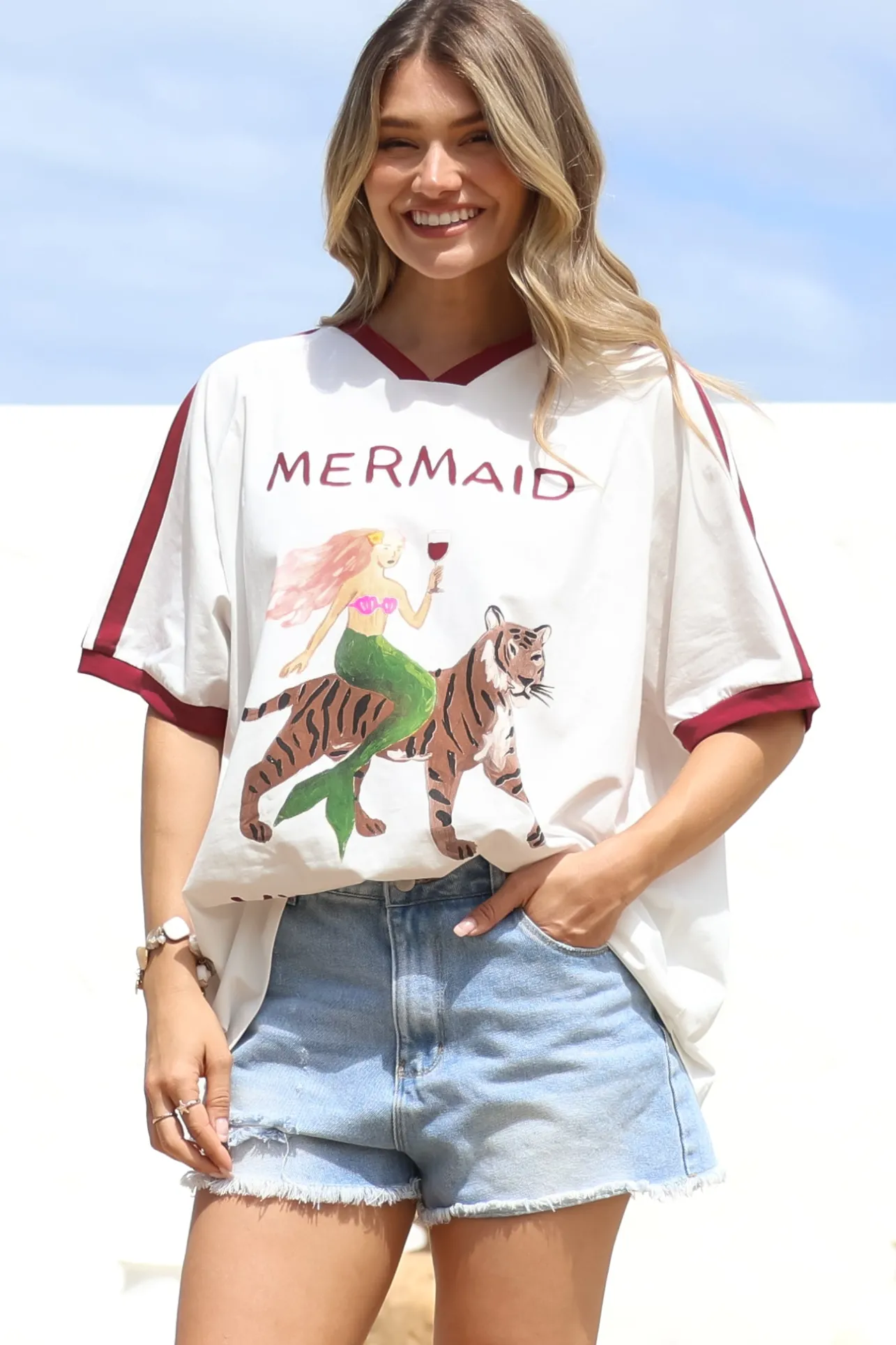 Mermaid Vino Club Tee - Graphic Print Short Sleeve T-Shirt with Racer Stripe Sleeves in White>Salty Crush Online