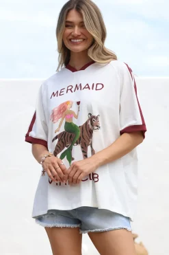 Mermaid Vino Club Tee - Graphic Print Short Sleeve T-Shirt with Racer Stripe Sleeves in White><noscript><img width=
