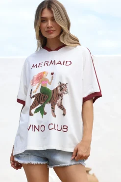 Mermaid Vino Club Tee - Graphic Print Short Sleeve T-Shirt with Racer Stripe Sleeves in White><noscript><img width=