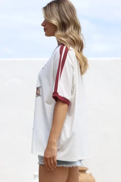 Mermaid Vino Club Tee - Graphic Print Short Sleeve T-Shirt with Racer Stripe Sleeves in White><noscript><img width=