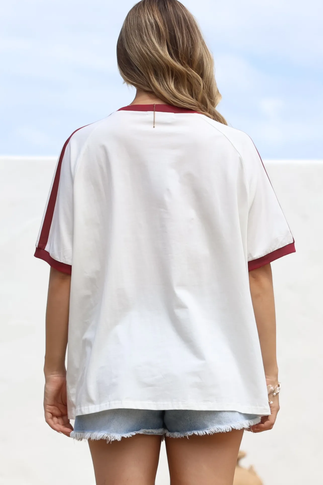 Mermaid Vino Club Tee - Graphic Print Short Sleeve T-Shirt with Racer Stripe Sleeves in White>Salty Crush Online