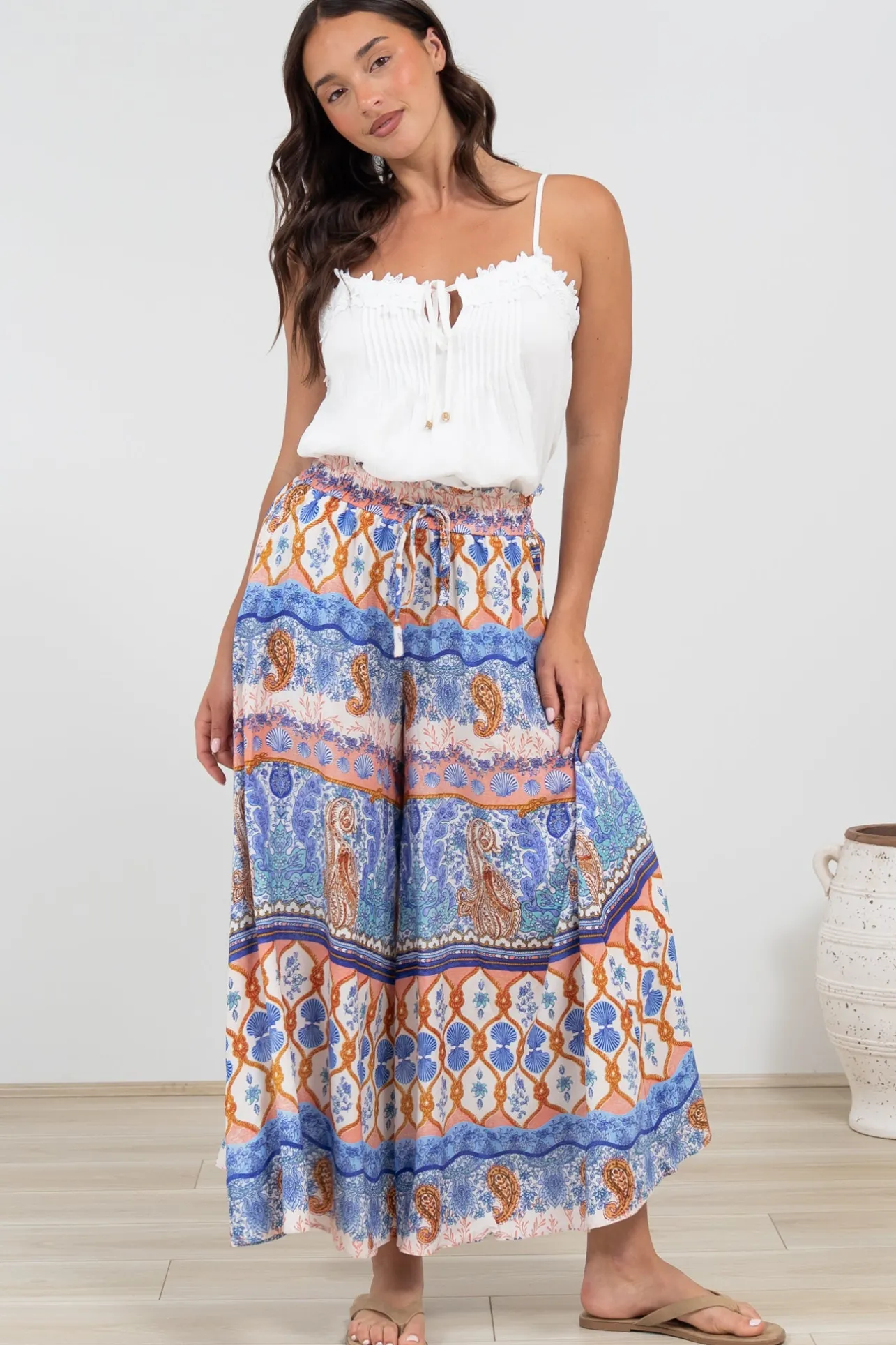 Mezza Pants - Paper Bag High Waisted Wide Leg Pants in Belly Print>Salty Crush New