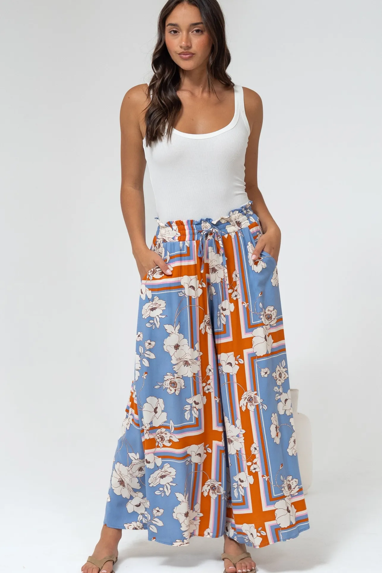 Mezza Pants - Paper Bag High Waisted Wide Leg Pants in Trinity Print>Salty Crush