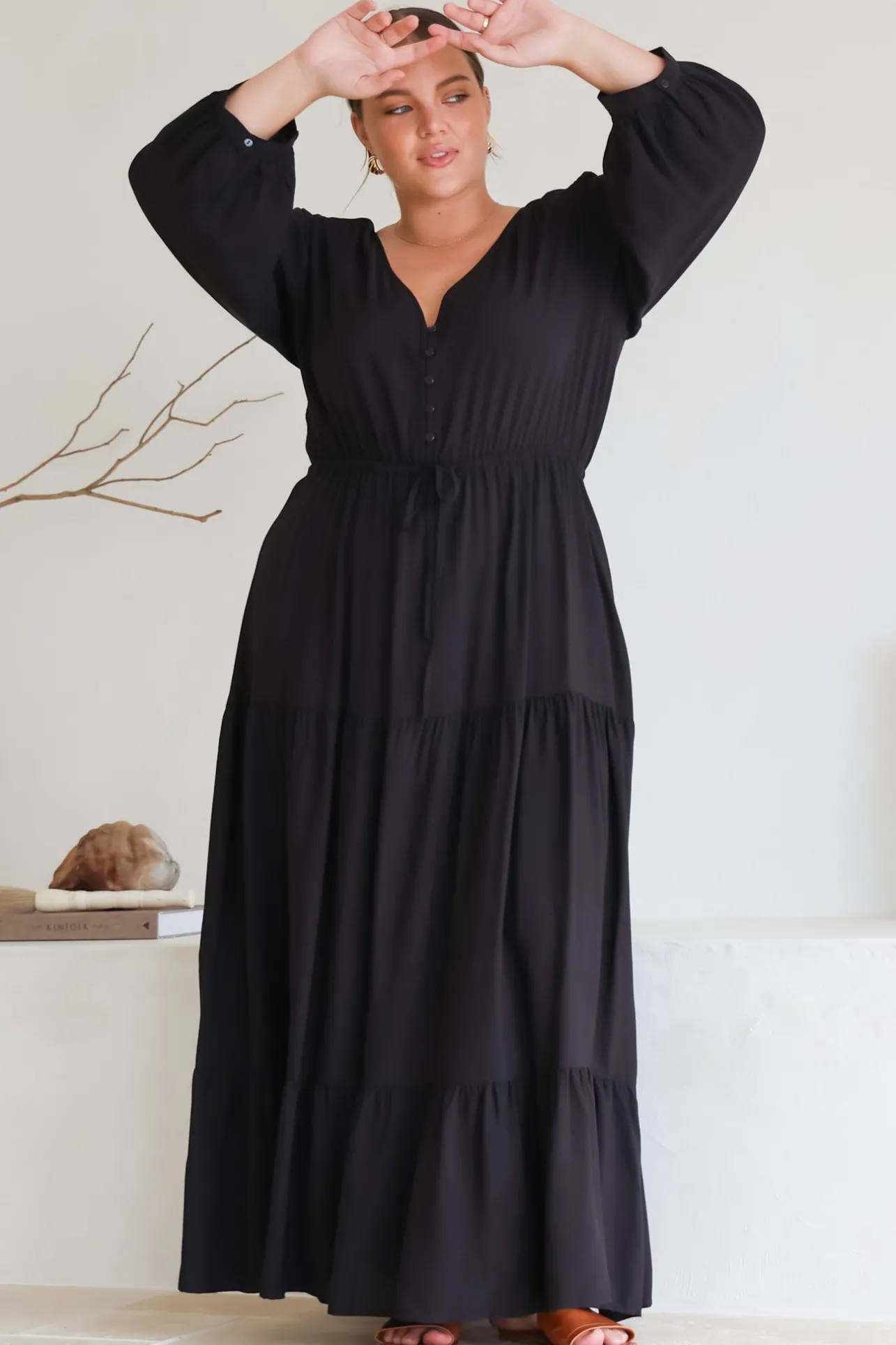 Mia Maxi Dress - V Neck 3/4 Sleeve Tiered Dress in Black>Salty Crush Discount