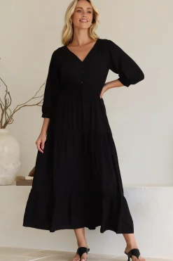 Mia Maxi Dress - V Neck 3/4 Sleeve Tiered Dress in Black><noscript><img width=