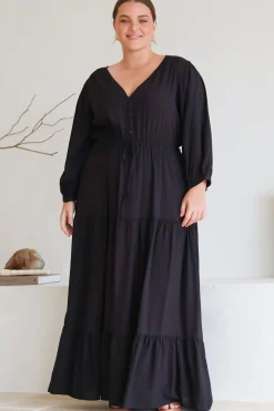Mia Maxi Dress - V Neck 3/4 Sleeve Tiered Dress in Black><noscript><img width=
