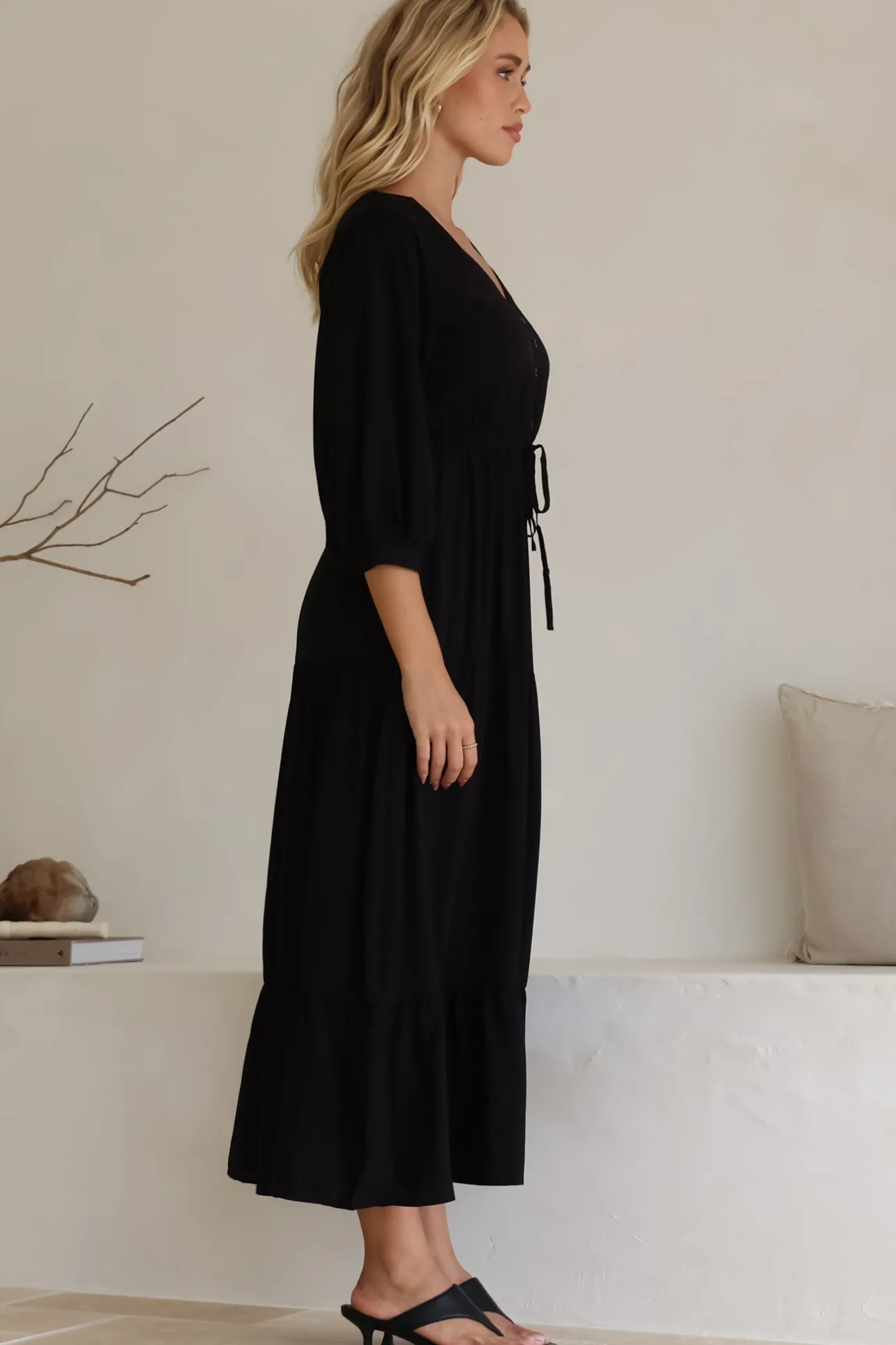 Mia Maxi Dress - V Neck 3/4 Sleeve Tiered Dress in Black>Salty Crush Discount