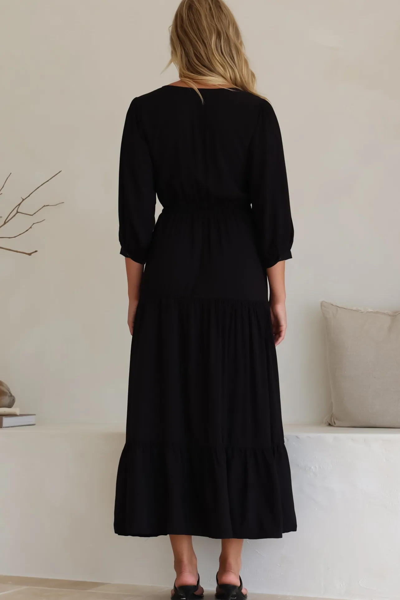 Mia Maxi Dress - V Neck 3/4 Sleeve Tiered Dress in Black>Salty Crush Discount
