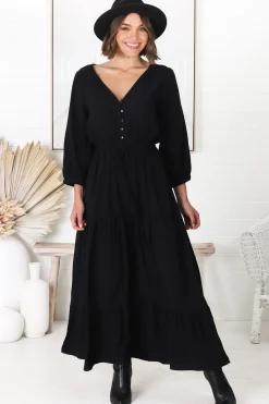 Mia Maxi Dress - V Neck 3/4 Sleeve Tiered Dress in Black><noscript><img width=