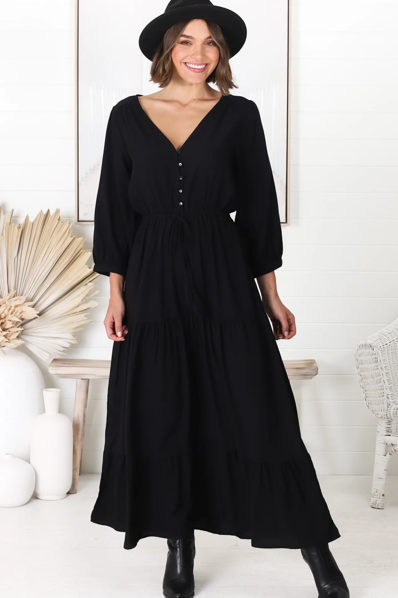 Mia Maxi Dress - V Neck 3/4 Sleeve Tiered Dress in Black>Salty Crush Discount