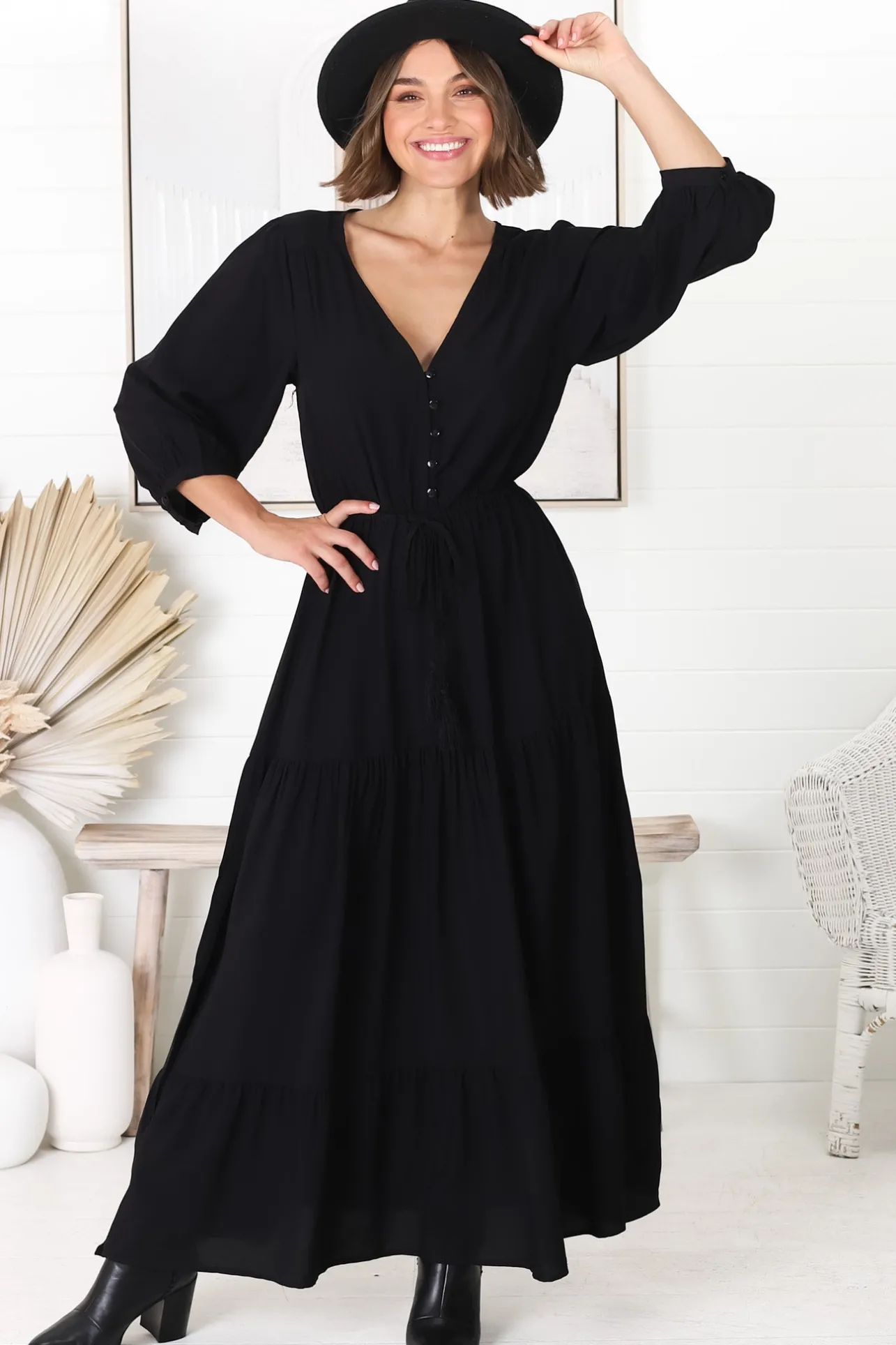 Mia Maxi Dress - V Neck 3/4 Sleeve Tiered Dress in Black>Salty Crush Discount