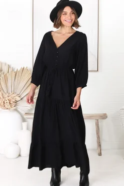 Mia Maxi Dress - V Neck 3/4 Sleeve Tiered Dress in Black><noscript><img width=