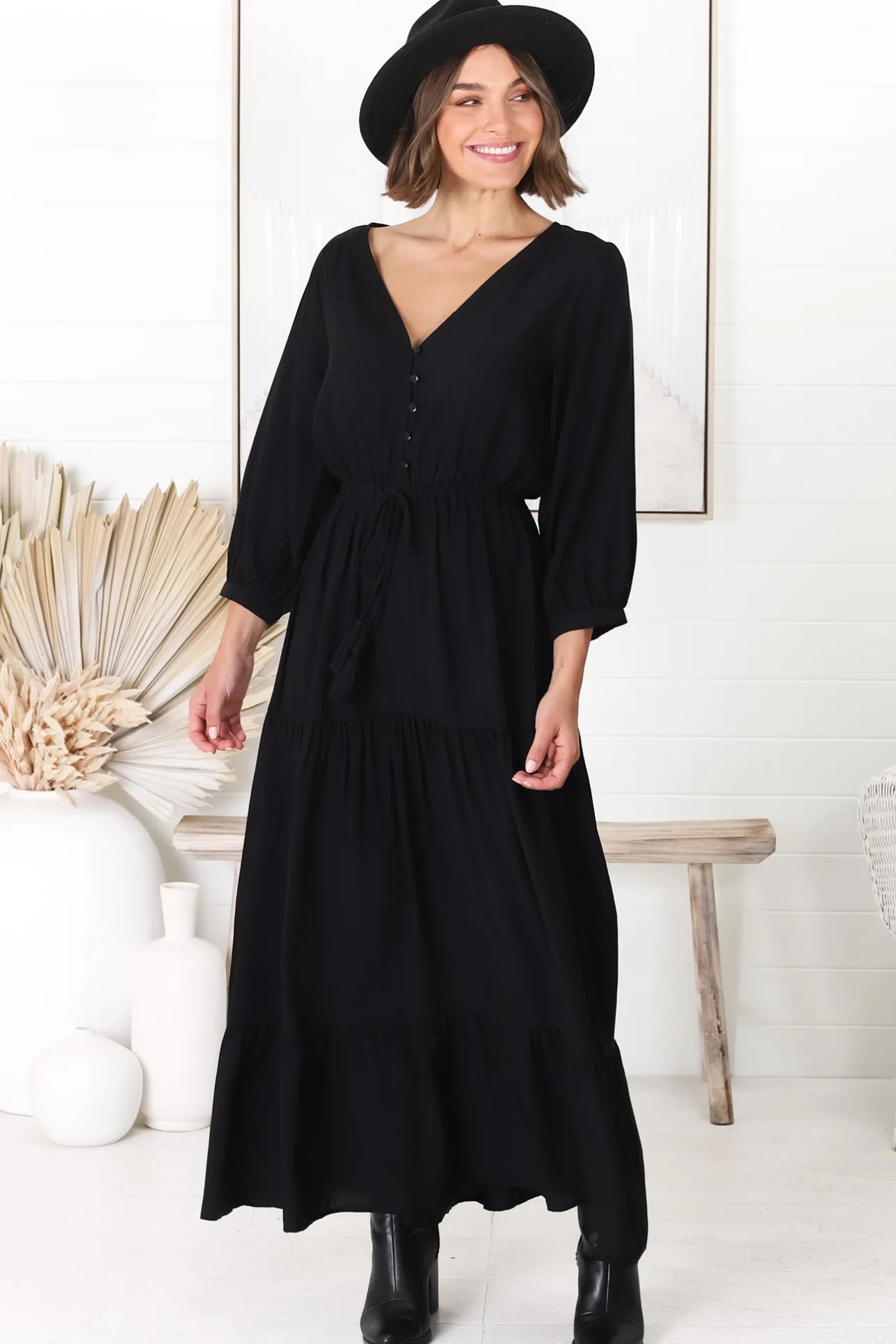 Mia Maxi Dress - V Neck 3/4 Sleeve Tiered Dress in Black>Salty Crush Discount