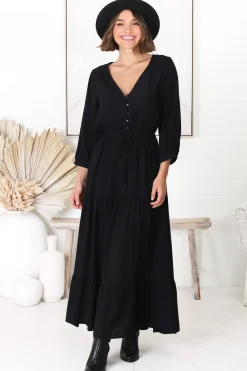 Mia Maxi Dress - V Neck 3/4 Sleeve Tiered Dress in Black><noscript><img width=