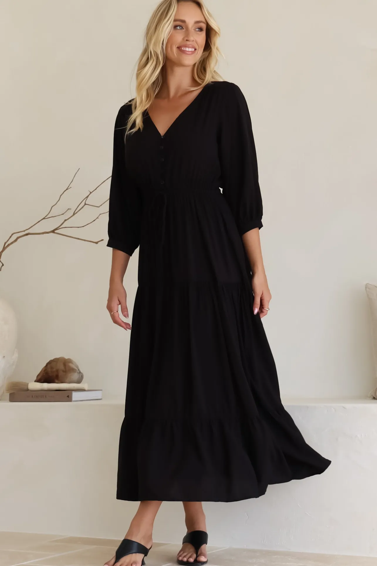 Mia Maxi Dress - V Neck 3/4 Sleeve Tiered Dress in Black>Salty Crush Discount