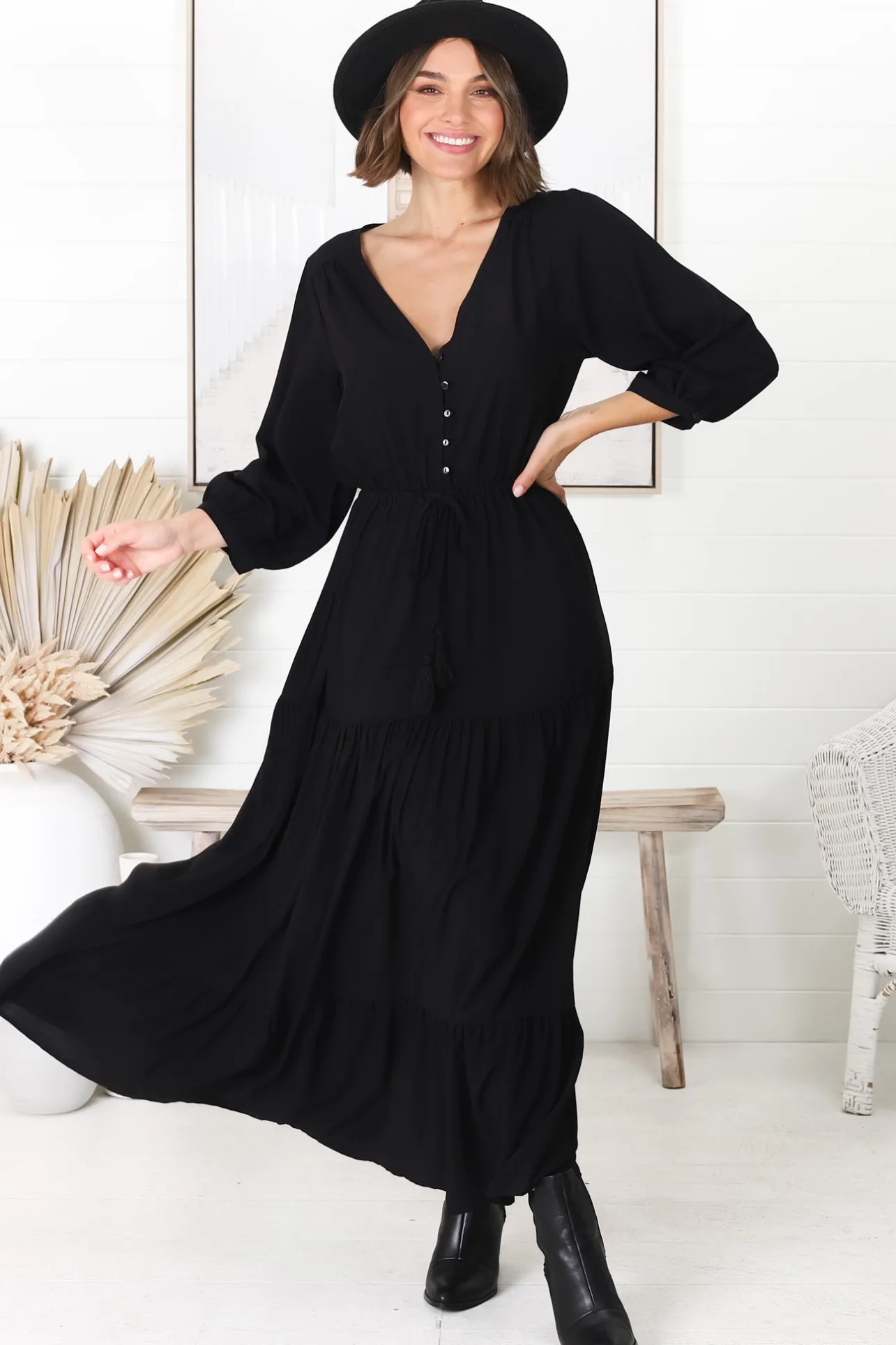 Mia Maxi Dress - V Neck 3/4 Sleeve Tiered Dress in Black>Salty Crush Discount