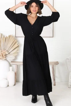 Mia Maxi Dress - V Neck 3/4 Sleeve Tiered Dress in Black><noscript><img width=