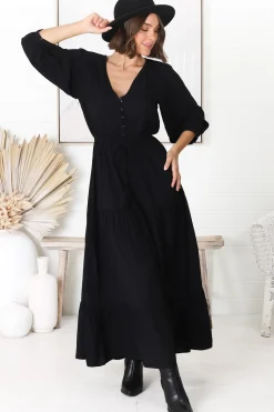Mia Maxi Dress - V Neck 3/4 Sleeve Tiered Dress in Black><noscript><img width=