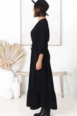 Mia Maxi Dress - V Neck 3/4 Sleeve Tiered Dress in Black><noscript><img width=