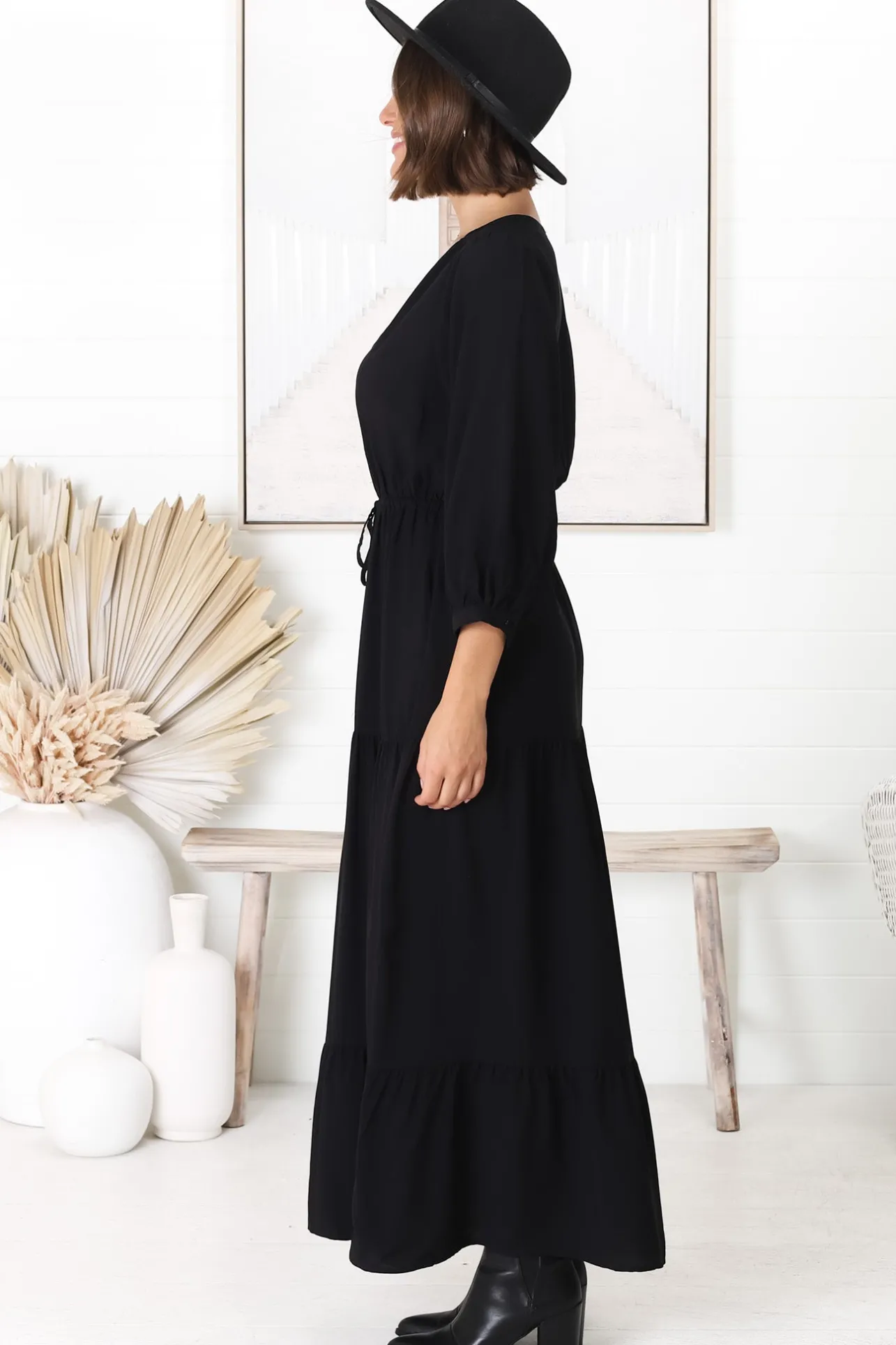 Mia Maxi Dress - V Neck 3/4 Sleeve Tiered Dress in Black>Salty Crush Discount