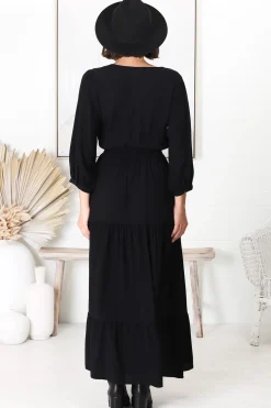 Mia Maxi Dress - V Neck 3/4 Sleeve Tiered Dress in Black><noscript><img width=