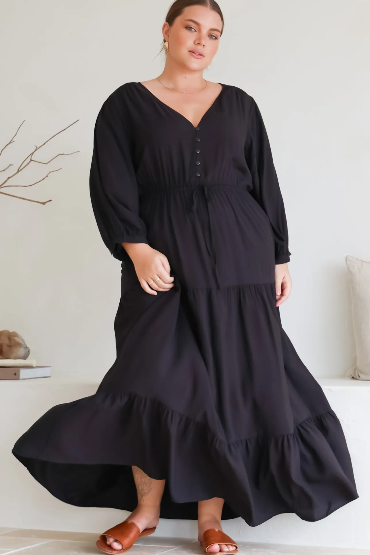 Mia Maxi Dress - V Neck 3/4 Sleeve Tiered Dress in Black>Salty Crush Discount