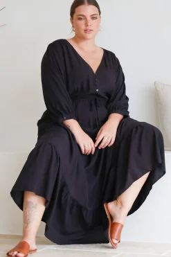 Mia Maxi Dress - V Neck 3/4 Sleeve Tiered Dress in Black><noscript><img width=