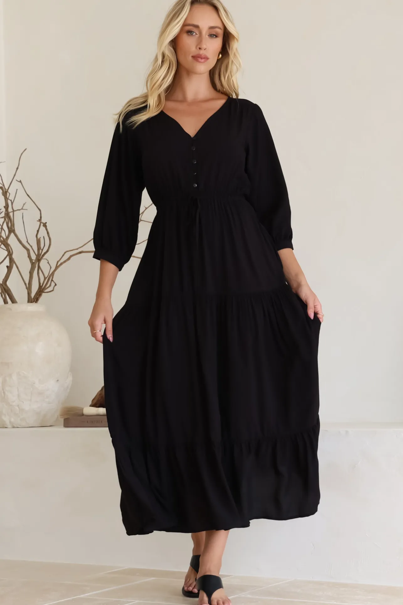 Mia Maxi Dress - V Neck 3/4 Sleeve Tiered Dress in Black>Salty Crush Discount