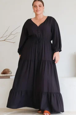 Mia Maxi Dress - V Neck 3/4 Sleeve Tiered Dress in Black><noscript><img width=