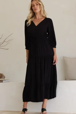 Mia Maxi Dress - V Neck 3/4 Sleeve Tiered Dress in Black><noscript><img width=