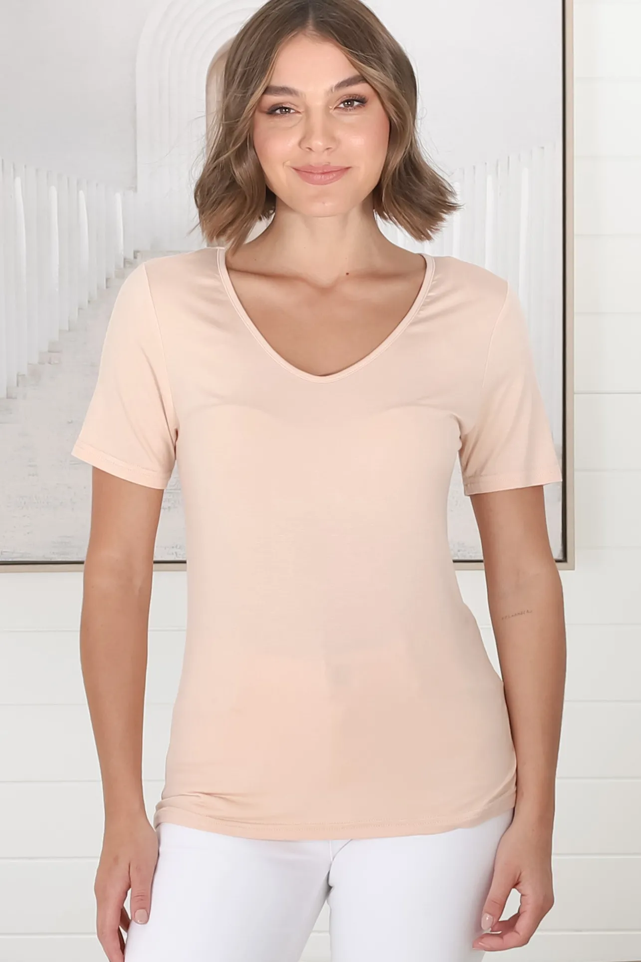 Mia T-Shirt - Soft V Neck Stretchy Tee in Beige>Salty Crush Hot