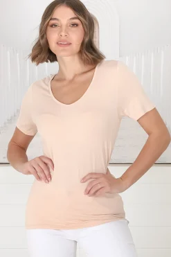 Mia T-Shirt - Soft V Neck Stretchy Tee in Beige><noscript><img width=