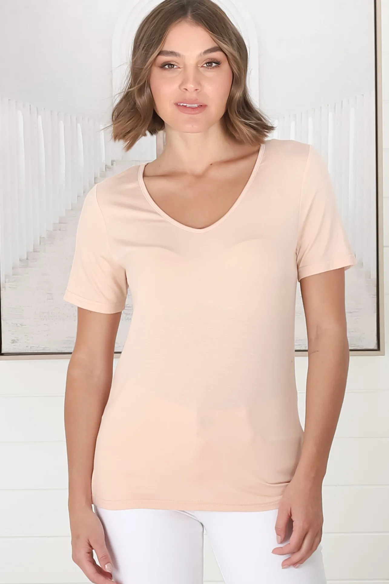 Mia T-Shirt - Soft V Neck Stretchy Tee in Beige>Salty Crush Hot