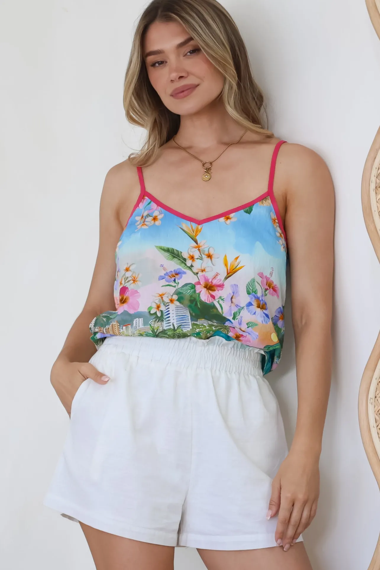 Micaela Top - V-Neck Contrast Trim Cami with Adjustable Straps in Della Print>Salty Crush Hot