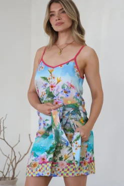 Micaela Top - V-Neck Contrast Trim Cami with Adjustable Straps in Della Print><noscript><img width=