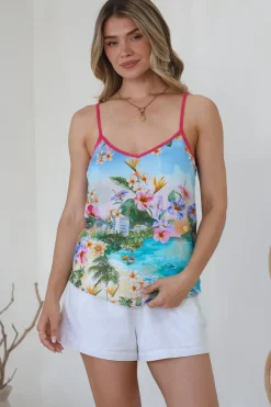 Micaela Top - V-Neck Contrast Trim Cami with Adjustable Straps in Della Print><noscript><img width=