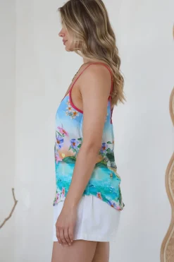 Micaela Top - V-Neck Contrast Trim Cami with Adjustable Straps in Della Print><noscript><img width=