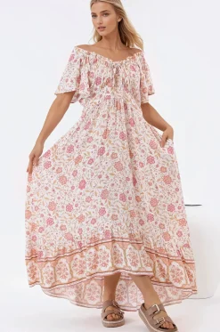 Micalea Midi Dress - On or Off Shoulder Tie Back A Line Dress in Stacey Print>Salty Crush Discount