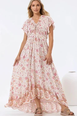 Micalea Midi Dress - On or Off Shoulder Tie Back A Line Dress in Stacey Print><noscript><img width=