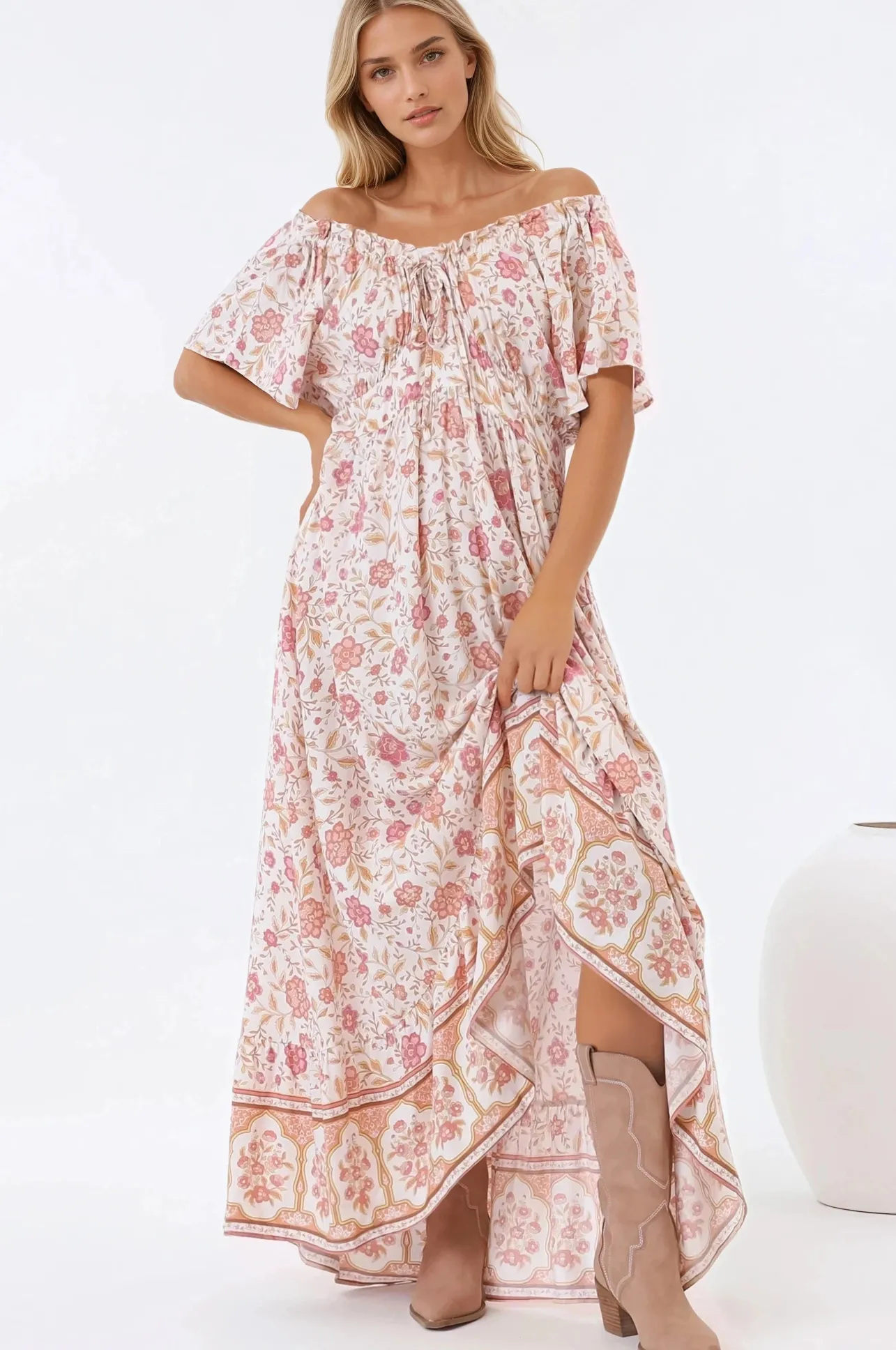 Micalea Midi Dress - On or Off Shoulder Tie Back A Line Dress in Stacey Print>Salty Crush Discount