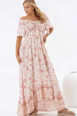 Micalea Midi Dress - On or Off Shoulder Tie Back A Line Dress in Stacey Print><noscript><img width=