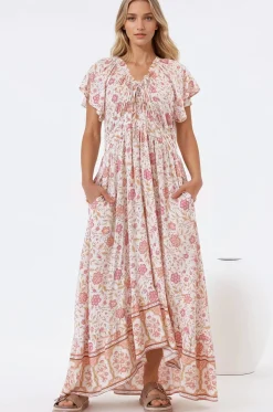 Micalea Midi Dress - On or Off Shoulder Tie Back A Line Dress in Stacey Print><noscript><img width=