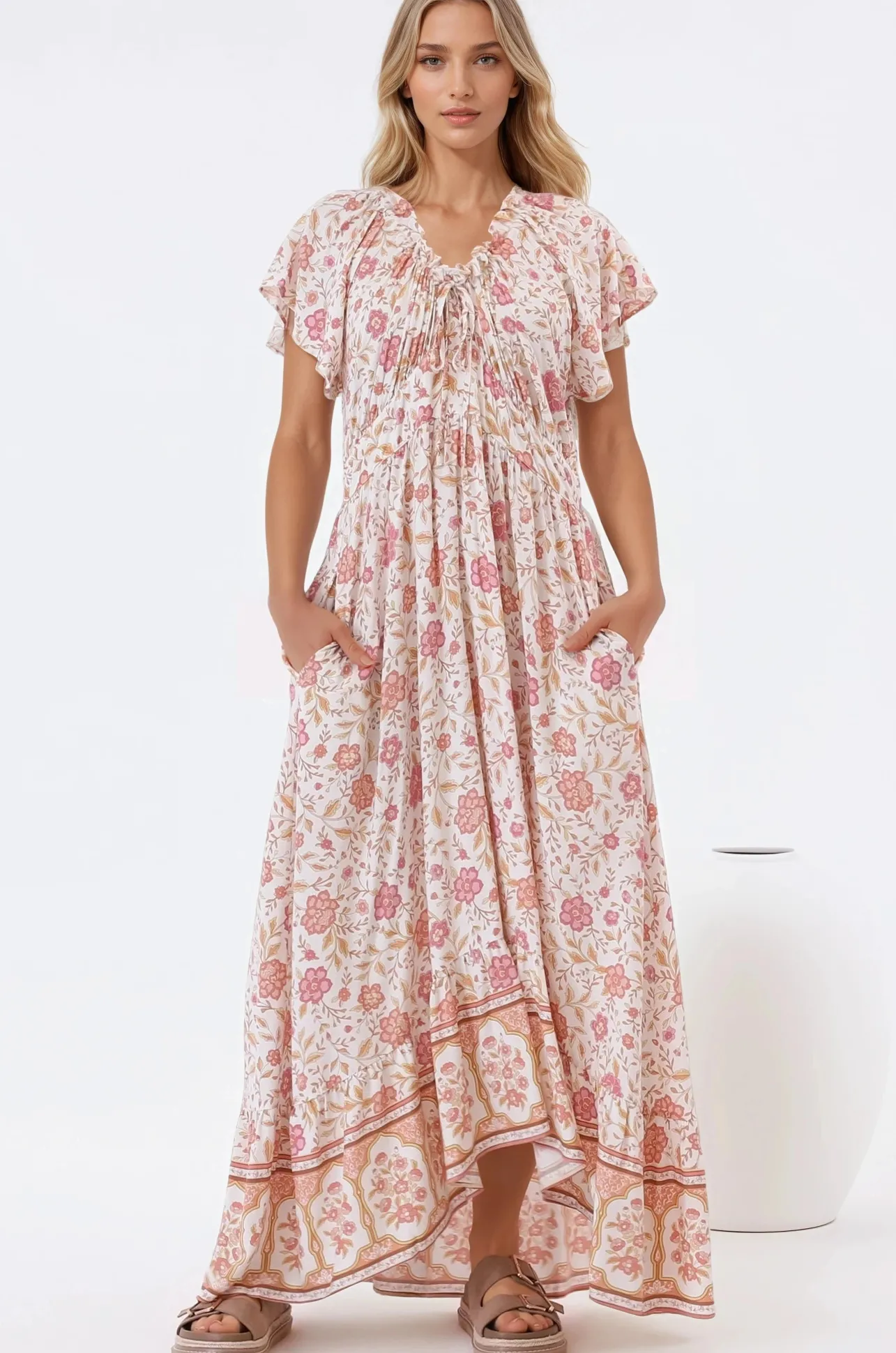 Micalea Midi Dress - On or Off Shoulder Tie Back A Line Dress in Stacey Print>Salty Crush Discount