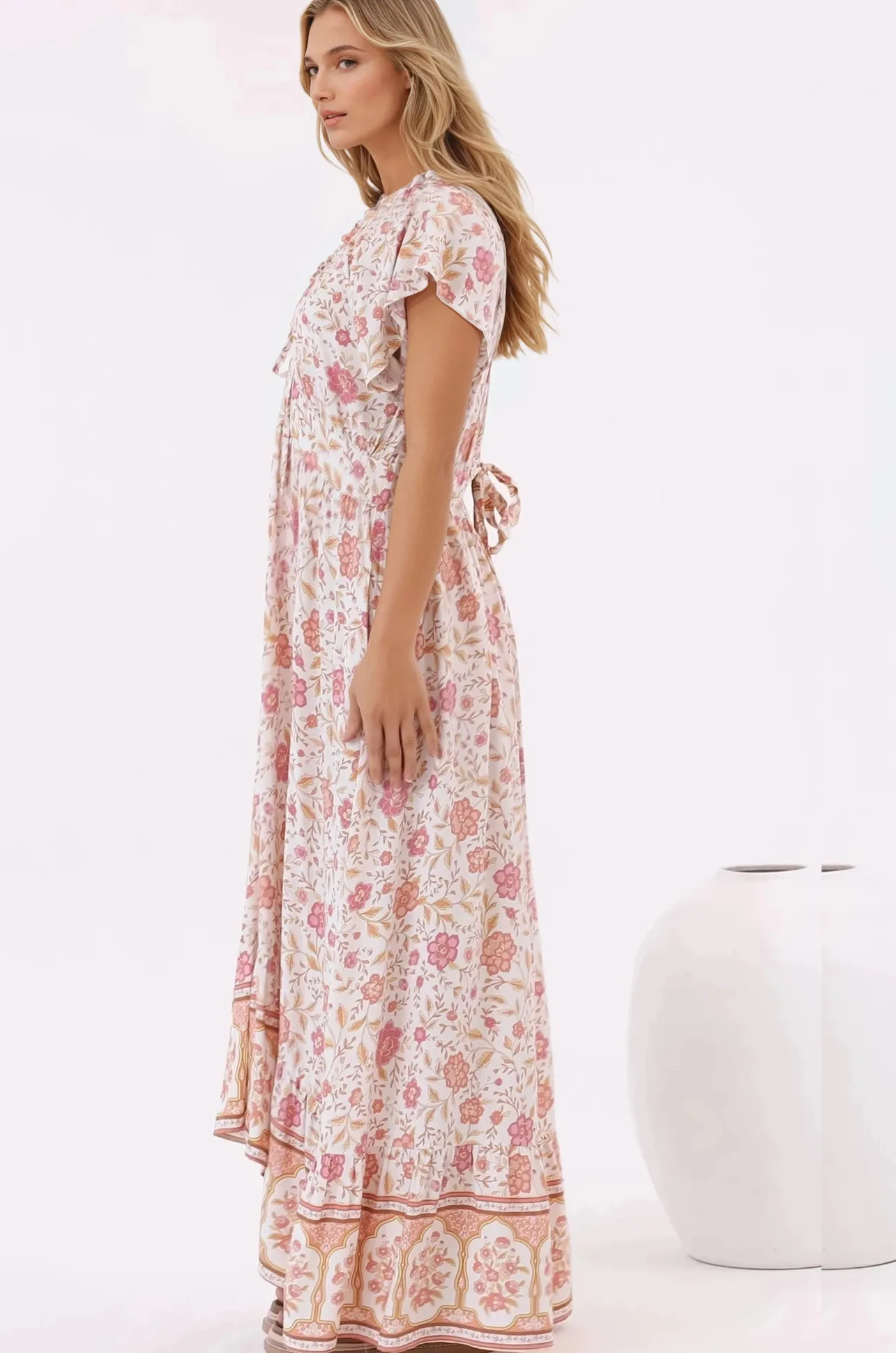 Micalea Midi Dress - On or Off Shoulder Tie Back A Line Dress in Stacey Print>Salty Crush Discount