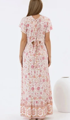 Micalea Midi Dress - On or Off Shoulder Tie Back A Line Dress in Stacey Print><noscript><img width=
