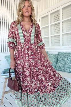 Mila Midi Dress - Mandarin Collar Buttoned Bodice Tiered Dress in Athena Print><noscript><img width=